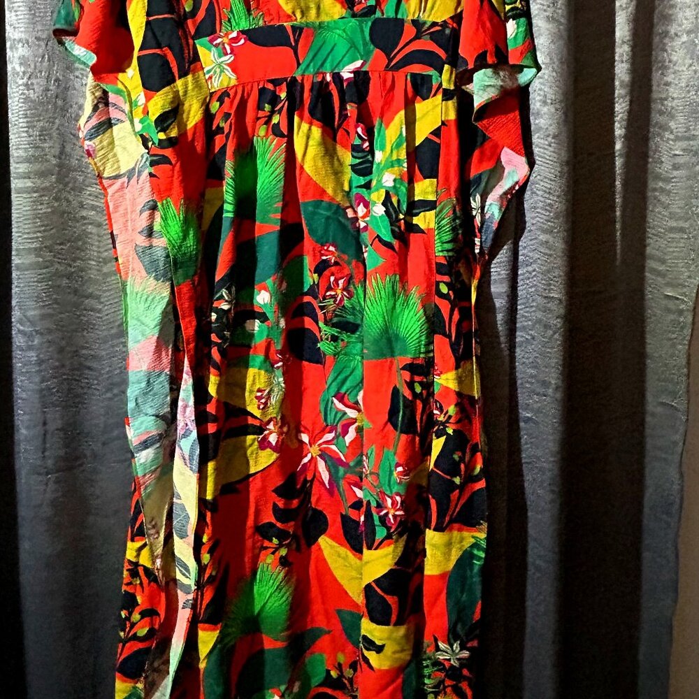 Long Orange / Multi colored kaftan-like tropical floral dress
